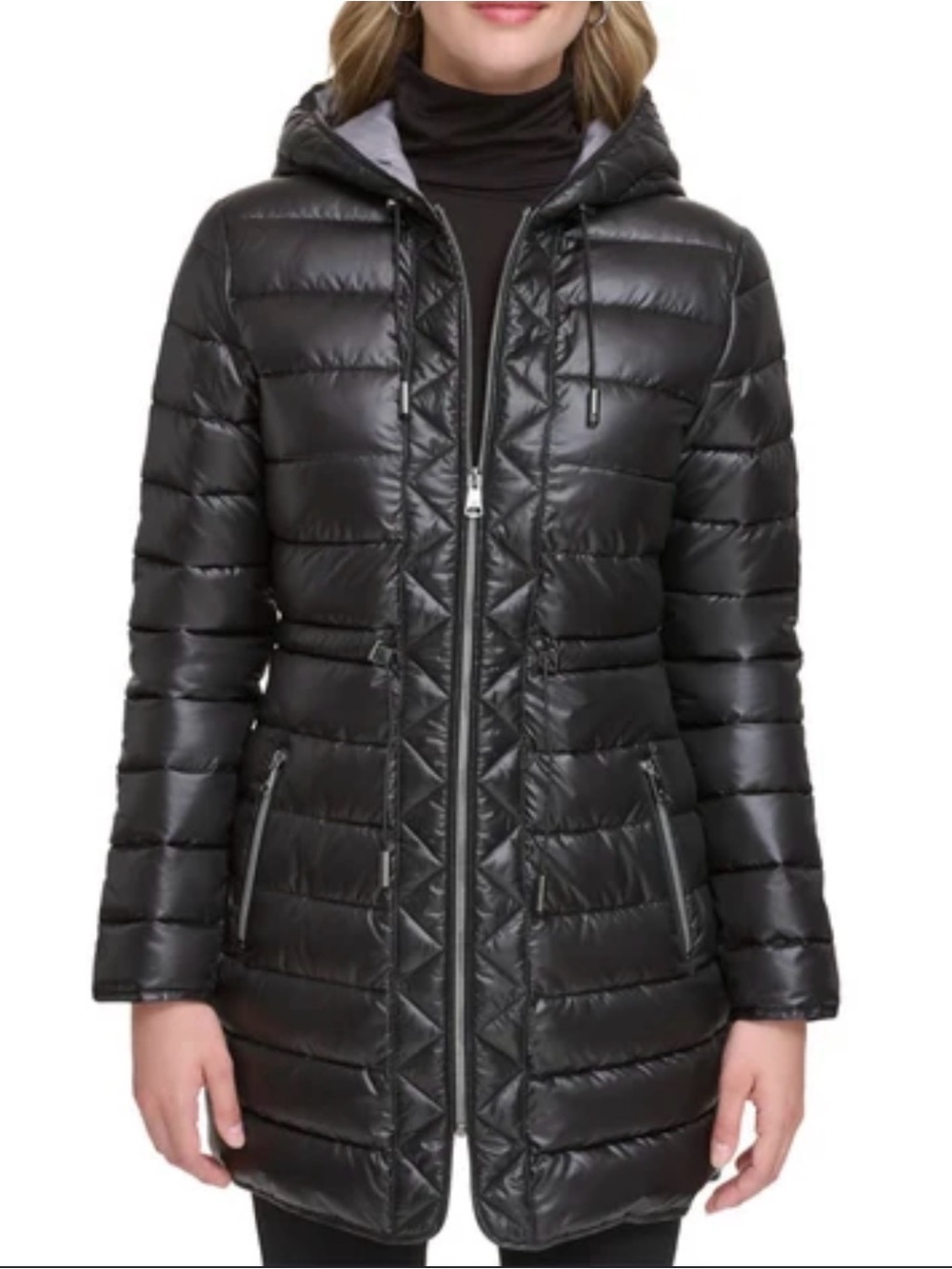 Kenneth Cole New York Womens Black Hooded Down Puffer Mid-Length Full Zip S